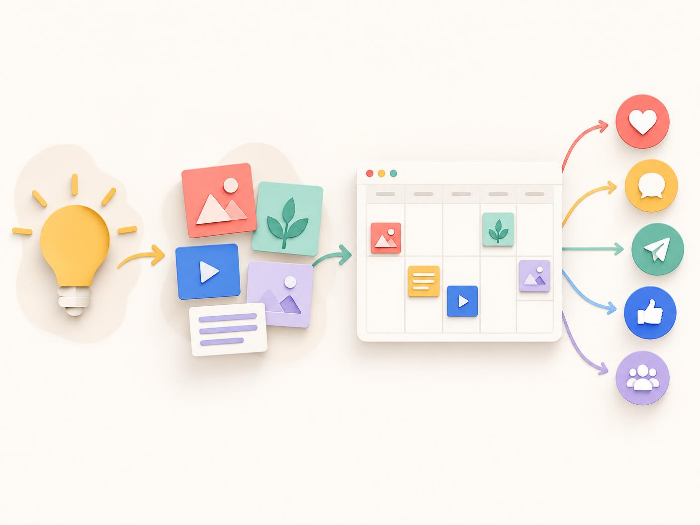 Illustration eines Social-Media-Workflows von der Idee über Inhalte und Kalender bis zur Veröffentlichung